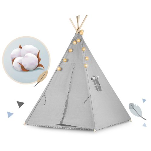 Teepee Indián sátor - játszósátor gyerekeknek lámpával , szőnyeggel és párnákkal , szürke - Nukido
