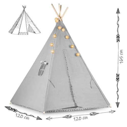 Teepee Indián sátor - játszósátor gyerekeknek lámpával , szőnyeggel és párnákkal , szürke - Nukido