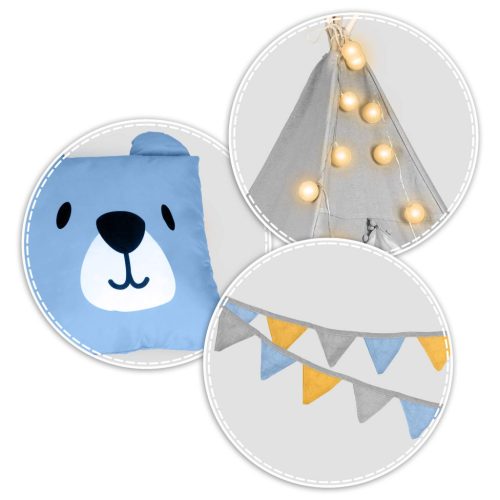 Teepee Indián sátor - játszósátor gyerekeknek lámpával , szőnyeggel és párnákkal , szürke - Nukido