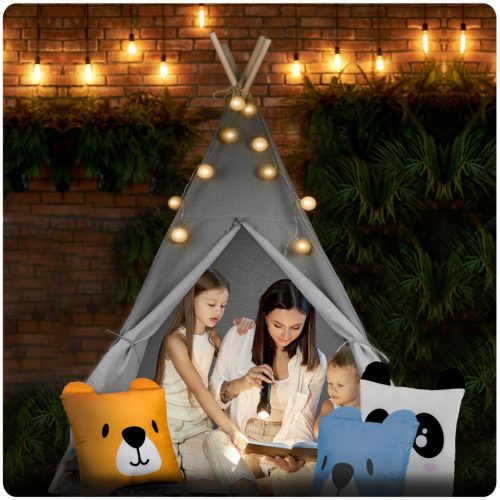 Teepee Indián sátor - játszósátor gyerekeknek lámpával , szőnyeggel és párnákkal , szürke - Nukido