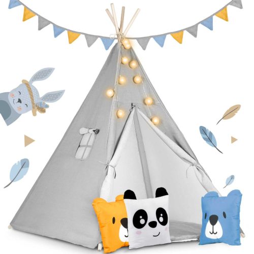Teepee Indián sátor - játszósátor gyerekeknek lámpával , szőnyeggel és párnákkal , szürke - Nukido