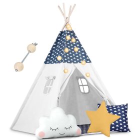   Teepee Indián sátor - játszósátor gyerekeknek lámpával , szőnyeggel és párnákkal , sötétkék és fehér - Nukido