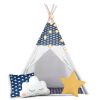 Teepee Indián sátor - játszósátor gyerekeknek lámpával , szőnyeggel és párnákkal , sötétkék és fehér - Nukido