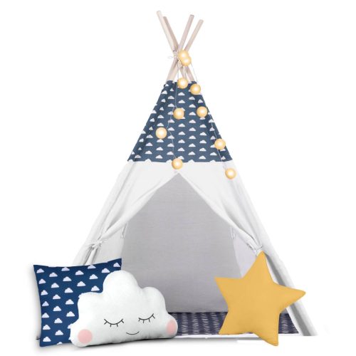 Teepee Indián sátor - játszósátor gyerekeknek lámpával , szőnyeggel és párnákkal , sötétkék és fehér - Nukido