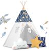 Teepee Indián sátor - játszósátor gyerekeknek lámpával , szőnyeggel és párnákkal , sötétkék és fehér - Nukido