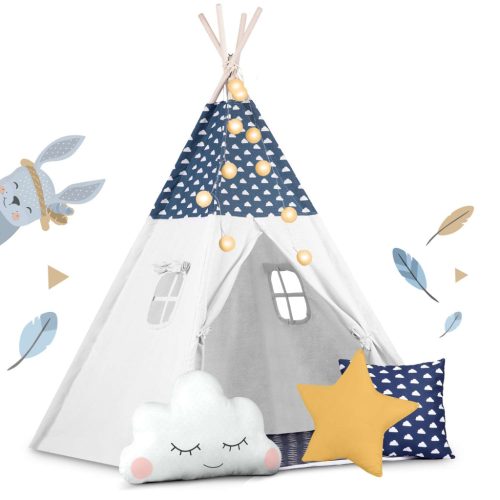 Teepee Indián sátor - játszósátor gyerekeknek lámpával , szőnyeggel és párnákkal , sötétkék és fehér - Nukido