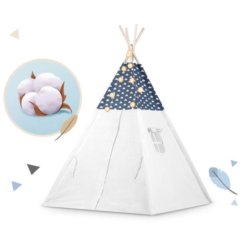Teepee Indián sátor - játszósátor gyerekeknek lámpával , szőnyeggel és párnákkal , sötétkék és fehér - Nukido