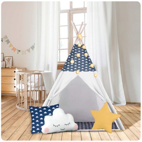 Teepee Indián sátor - játszósátor gyerekeknek lámpával , szőnyeggel és párnákkal , sötétkék és fehér - Nukido