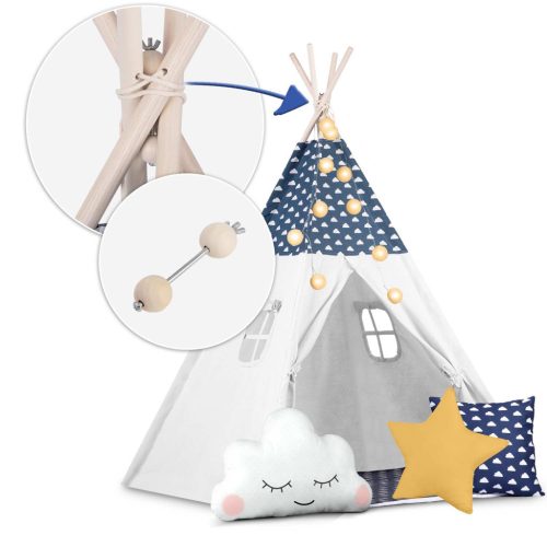 Teepee Indián sátor - játszósátor gyerekeknek lámpával , szőnyeggel és párnákkal , sötétkék és fehér - Nukido