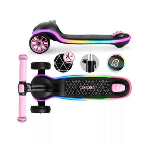 Ricokids Leddi háromkerekű LED-es egyensúlyozó roller gyerekeknek - fekete és rózsaszín