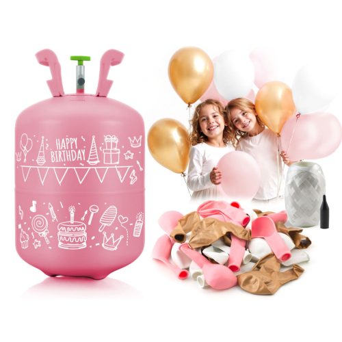 Hélium parti szett , 0,20 m3-es héliumpalack , rózsaszín és arany lufikkal , Ricokids szalaggal