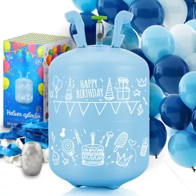   Hélium parti szett , 0,20 m3-es héliumpalack , kék és fehér lufikkal , Ricokids szalaggal