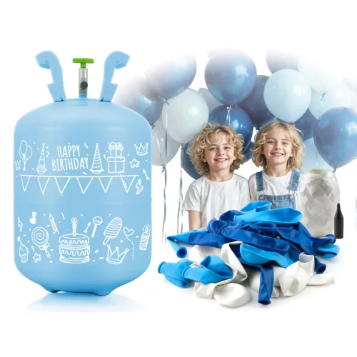 Hélium parti szett , 0,20 m3-es héliumpalack , kék és fehér lufikkal , Ricokids szalaggal