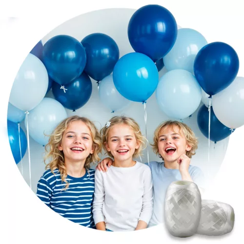 Hélium parti szett , 0,20 m3-es héliumpalack , kék és fehér lufikkal , Ricokids szalaggal