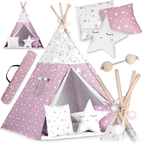 Nukido Teepee sátor lámpákkal gyerekeknek - rózsaszín csillagokkal