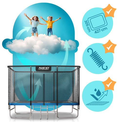 Neo-Sport téglalap alakú kerti trambulin 14x10ft/427x305cm kültéri hálóval és létrával