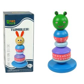   Fából készült oktatási piramis béka zöld egyensúlyozó torony