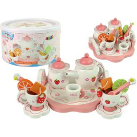   Fából készült teáskészlet, rózsaszín virágok kancsó tálca