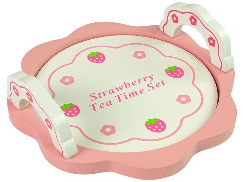 Fából készült teáskészlet, rózsaszín virágok kancsó tálca