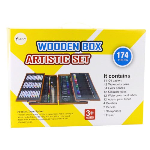 Nagy professzionális festőkészlet fa hordtáskában, 174 darabos