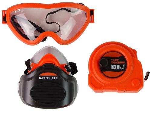 Szerszámosládában lévő barkácskészlet akkumulátoros fúrógéphez, szemüveghez