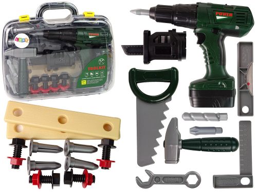 Barkácskészlet bőröndben csavarhúzó elemekkel, zöld