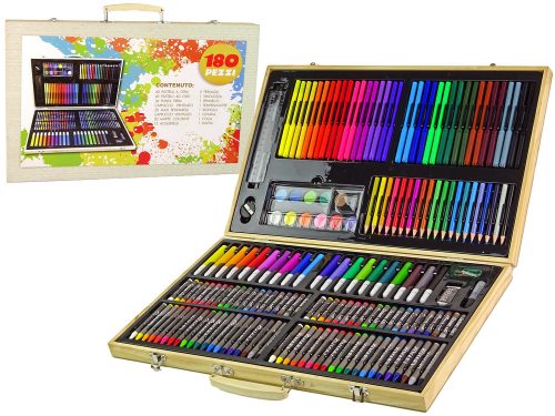 Művészi festőkészlet, fa bőrönd, 180 darabos