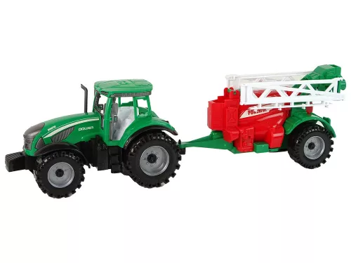 Zöld mezőgazdasági traktor piros és zöld permetező frikatív meghajtással