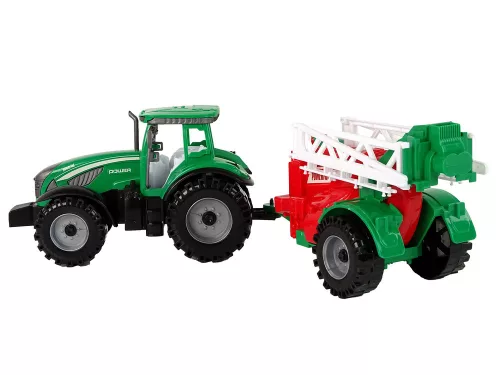 Zöld mezőgazdasági traktor piros és zöld permetező frikatív meghajtással