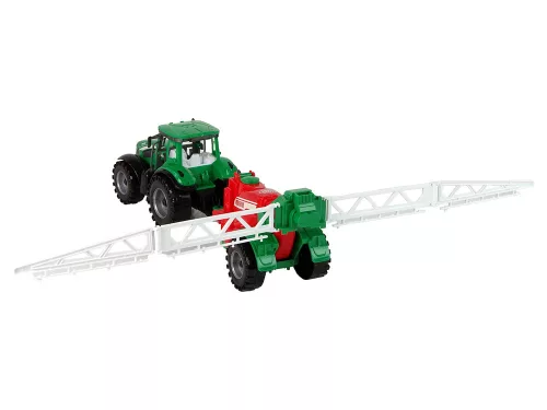 Zöld mezőgazdasági traktor piros és zöld permetező frikatív meghajtással