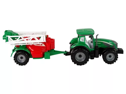 Zöld mezőgazdasági traktor piros és zöld permetező frikatív meghajtással