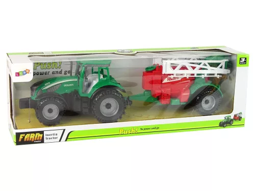 Zöld mezőgazdasági traktor piros és zöld permetező frikatív meghajtással