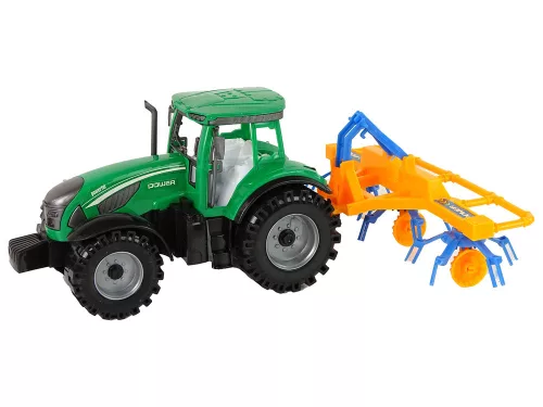 Zöld traktor narancssárga és kék gereblye dörzshajtással