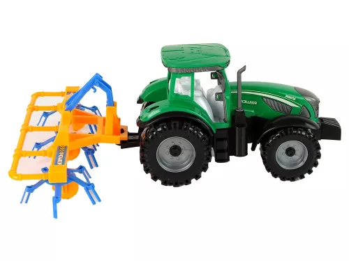 Zöld traktor narancssárga és kék gereblye dörzshajtással