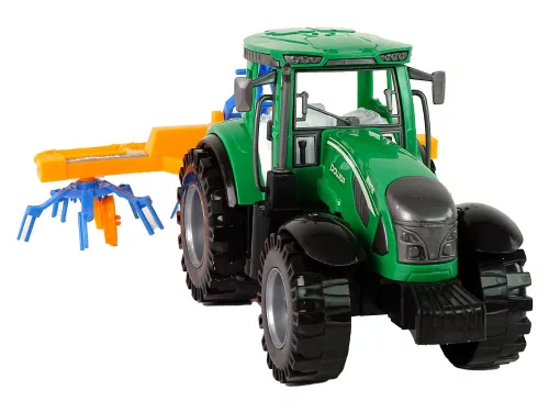 Zöld traktor narancssárga és kék gereblye dörzshajtással