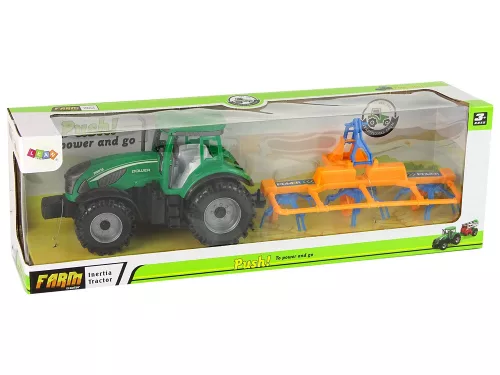 Zöld traktor narancssárga és kék gereblye dörzshajtással
