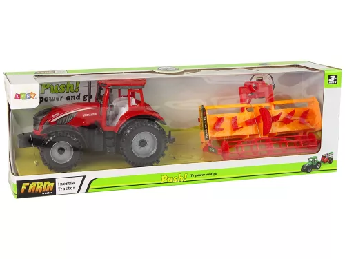 Piros traktor narancssárga kultivátor meghajtással