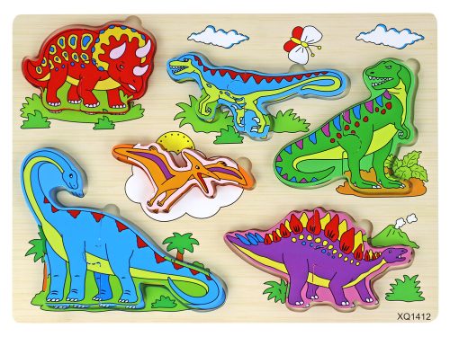 Fából készült 3D-s puzzle gyerekeknek logikai játék Dinosaurs Jigsaw 11 Pieces.