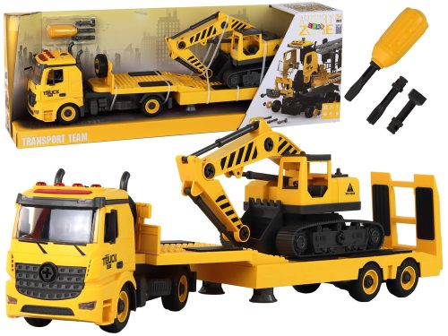 Összecsukható vontató teherautó lánctalpas kotrógéppel, hangfény, barkács, sárga