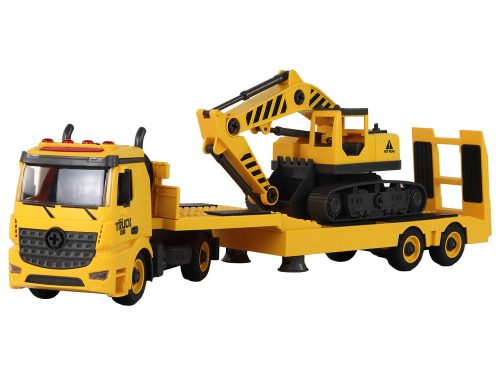 Összecsukható vontató teherautó lánctalpas kotrógéppel, hangfény, barkács, sárga