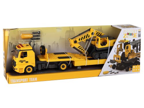 Összecsukható vontató teherautó lánctalpas kotrógéppel, hangfény, barkács, sárga