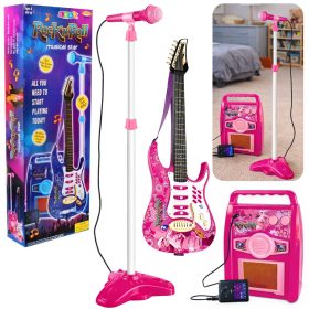 Rózsaszín elektromos gitár mikrofonnal és erősítővel