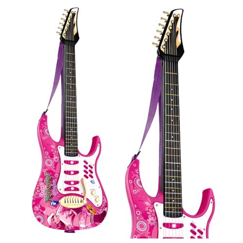 Rózsaszín elektromos gitár mikrofonnal és erősítővel