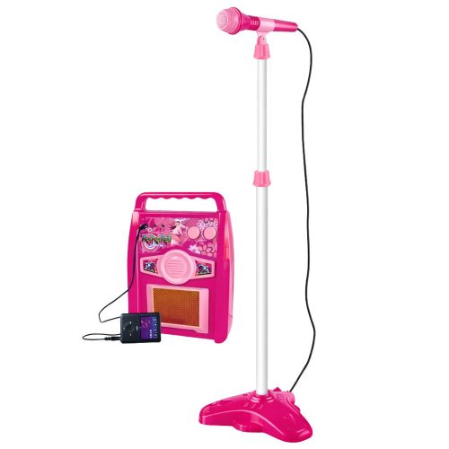 Rózsaszín elektromos gitár mikrofonnal és erősítővel