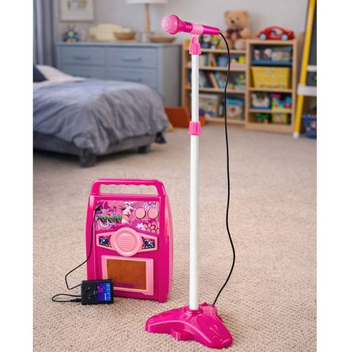 Rózsaszín elektromos gitár mikrofonnal és erősítővel