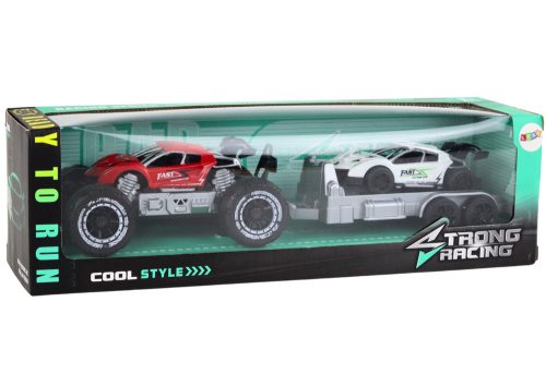 Piros off-road autó és fehér sportkocsi vontató készlet