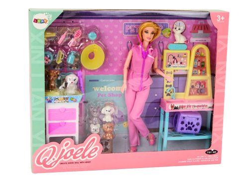 Állatorvos babakészlet, kezelőbútorok, kiegészítők, háziállatok