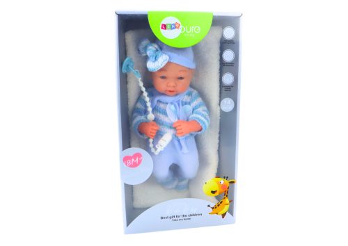 Baba, csíkos pulóver, sapka, kék sál