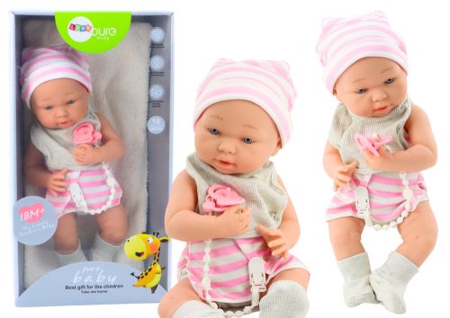 Baba baba fehér és rózsaszín ruhában, sapka, cumi, előke, paplan