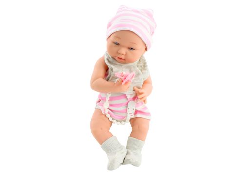 Baba baba fehér és rózsaszín ruhában, sapka, cumi, előke, paplan